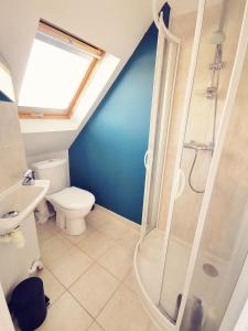 a bathroom with a shower and a toilet at Le Clos Cornely-maison rénovée Carnac-14 couchages in Carnac