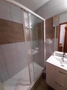 a bathroom with a shower and a sink at Valfréjus- Hôtel club Le Valfréjus in Valfréjus
