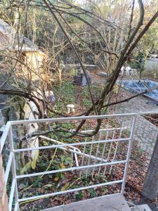 a metal fence in front of a tree at Privater Eingang mit Fußbodenheizung und Swimmingpoolblick - Ruhe und Erholung garantiert in Troisdorf