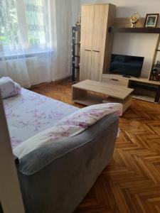 a bedroom with a bed and a tv in it at Apartament Maria in Turda