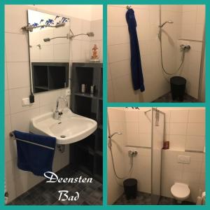 a bathroom with a sink and a mirror and a toilet at Gästehaus Peerhus Dönsel - Deensten in Rehden