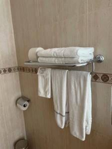 een handdoekenrek met witte handdoeken in de badkamer bij Hostal María in Elche