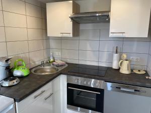 a kitchen with a sink and a stove top oven at Ferienwohnung Rosenweg in Schmalkalden +11 photos