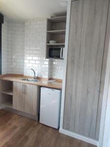 a kitchen with a counter and a sink and a refrigerator at Alojamientos Central in Porriño