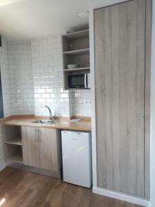 uma cozinha com um balcão, um lavatório e um micro-ondas em Alojamientos Central em O Porriño