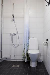 La salle de bains est pourvue d'une douche et de toilettes. dans l'établissement Maatilamatkailu Ali-Ketola, à Kokemäki