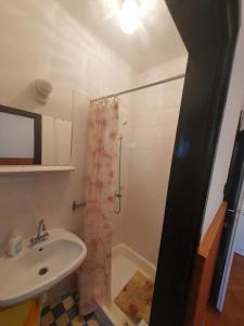 a small bathroom with a shower and a sink at Nosztalgia Villa in Mezőkövesd +30 photos