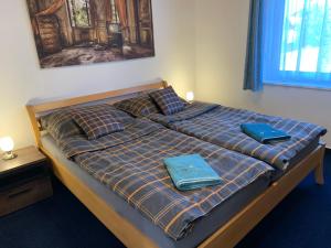 łóżko z dwoma niebieskimi poduszkami na górze w obiekcie Apartman TinaSol w mieście Mosonmagyaróvár