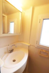 ein weißes Badezimmer mit einem Waschbecken und einem Spiegel in der Unterkunft Camping La Tentation in Renty