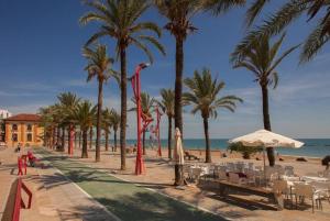 a beach with palm trees and chairs and the ocean at Precioso apartamento 1ª linea playa con piscina in Vinaròs