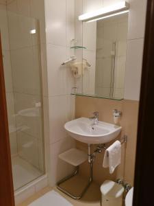 a bathroom with a sink and a shower at Villa Styria in Bad Aussee