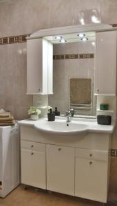 La salle de bains est pourvue d'un lavabo blanc et d'un miroir. dans l'établissement Apartment Carpe diem in Belgrade, à Belgrade