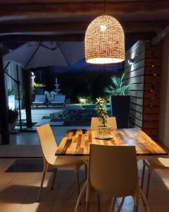 een houten tafel met stoelen en een potplant erop bij Posada El Alamo Mendoza in Mendoza