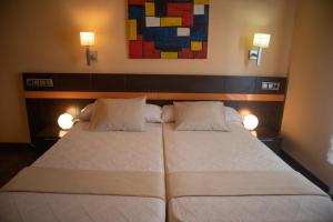 a bedroom with a large bed with two pillows at Hotel Las Navas in Malagón