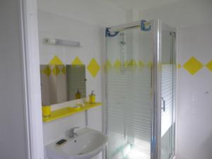 een badkamer met een wastafel en een douche bij IMMEUBLE NEBOT in Grand-Bourg