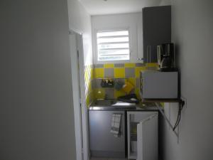 una pequeña cocina con fregadero y ventana en IMMEUBLE NEBOT, en Grand-Bourg