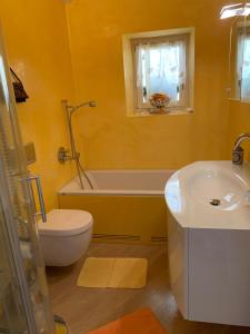 ein Badezimmer mit einem Waschbecken, einer Badewanne und einem WC in der Unterkunft Ferienhaus, Rustico Auf Burg in Locarno