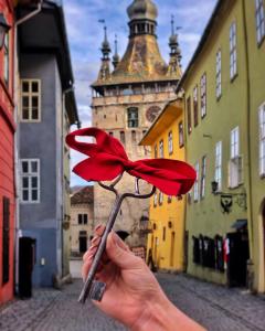 a person holding a red flower in front of a building at Casa Savri in Sighişoara