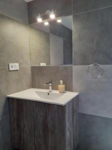 a bathroom with a sink and a mirror at zajęcza chata in Dolistowo