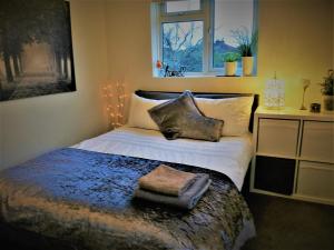 Un dormitorio con una cama con luces. en Freemantle Solent Lodge SGH, en Southampton