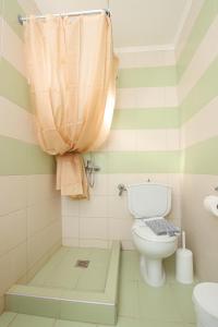 a bathroom with a toilet and a shower at Summer Beach Hotel in Polychrono