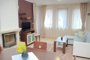 a living room with a couch and a fireplace at Гранд Манастира Апартаменти "Зимна приказка" in Pamporovo