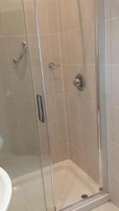 a shower stall with a glass door in a bathroom at Dolphin Hotel in Gorey