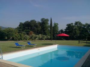 una piscina con 2 sillas azules y una sombrilla en Coriana Apartments & Villas en Mulazzo