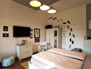 um quarto com uma cama e uma televisão de ecrã plano em Napkorong Vendégház Feked em Feked