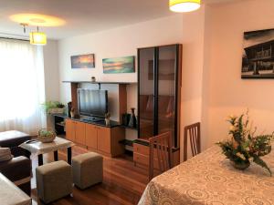 a living room with a dining table and a television at PISO con GARAJE en AVILES in Avilés