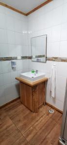 a bathroom with a sink and a mirror at Cabañas Trabun-Leufu in La Unión
