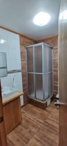 a bathroom with a shower and a sink at Cabañas Trabun-Leufu in La Unión