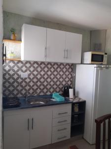 a kitchen with a sink and a white refrigerator at El Cardón in La Rioja