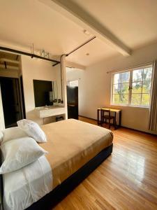 ein Schlafzimmer mit einem großen Bett und einem großen Fenster in der Unterkunft Hostel Mundo Joven Catedral in Mexiko-Stadt