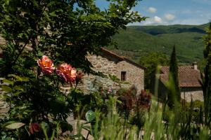 a stone building with flowers in front of it at Agriturismo Azienda Agricola Il Pozzo in Capolona