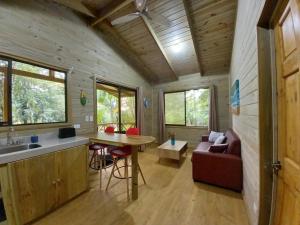 a kitchen and living room of a tiny house at Cabinas Costa Tropicana in Uvita