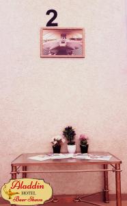 a table with two potted plants on top of it at Aladdin Hotel Beer Sheva in Beer Sheva