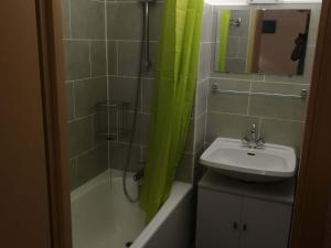 een badkamer met een wastafel en een douche met een spiegel bij Studio Valloire, 1 pièce, 5 personnes - FR-1-263-449 in Valloire