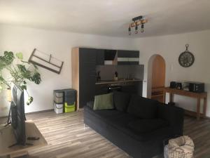 sala de estar con sofá negro y cocina en Aparthaus-Kiebitz, en Rennweg