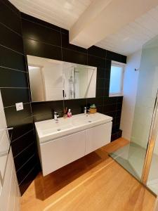 a bathroom with a white sink and a shower at La Petite Fontaine in Saint-Émilion