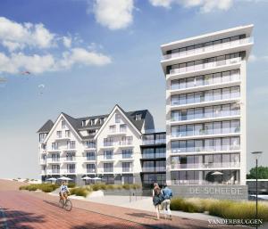 a rendering of a building with people riding bikes in front of it at Hotel de Schelde in Cadzand-Bad