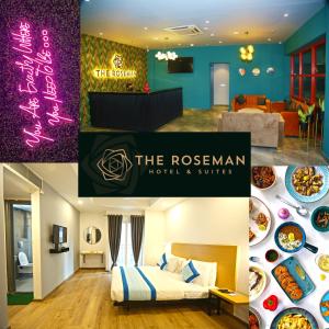 un collage de photos d'une chambre d'hôtel avec un lit dans l'établissement The Roseman Hotel and Suites, à Ghaziabad