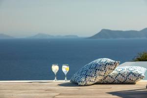 Blooms of Sivota Bay - Luxury villas with private heated pool في سيفوتا: كأسين من النبيذ يجلسون على طاولة بالقرب من الماء