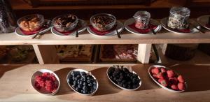 a shelf with bowls of desserts and bowls of berries at Hotel Galli in Livigno