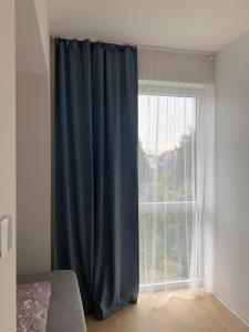 a bedroom with a window with a blue curtain at Appartements in der Kornstraße in Bremen