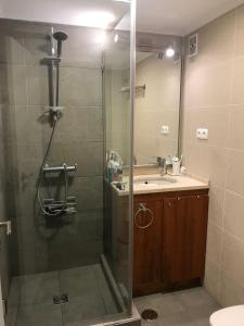 La salle de bains est pourvue d'une douche en verre avec un lavabo et une douche. dans l'établissement Charming Deluxe Apartment, à Oeiras