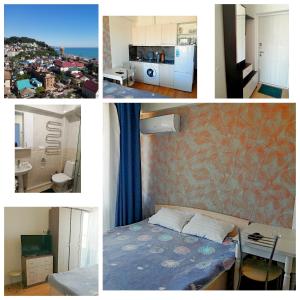 a collage of photos of a bedroom and a kitchen at Апарт-квартал "Каравелла Португалии" in Dagomys