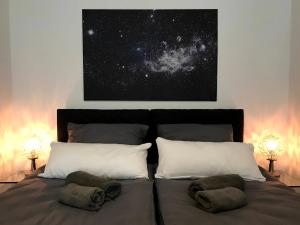 - un lit avec deux oreillers et un tableau mural dans l'établissement SPACE AGE Design-Luxus-Apartment, Terrasse, Zentral, à Gera