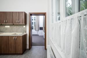 eine Küche mit einem Waschbecken und einer Badewanne in der Unterkunft APARTMÁNY VILA LIBĚNA in Ostrava