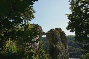 a rock formation in the middle of a forest at Ferienwohnung Reimann mit kostenloser AlbCard in Blaubeuren